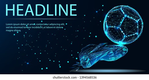 Soccer ball in goal from lines and triangles, point connecting network on blue background. Illustration vector