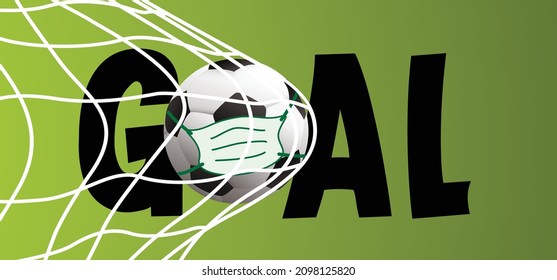 Soccer Ball In Goal And Mask (Coronavirus, Covid). Goal Net. Soccer Border On Green Football Grass Field. Vector Stadium, Supporters Background Banner. Wk, Ek Sport Finale Or School, Sports Game. Stre