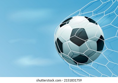 Soccer ball in goal net with blue sky. Realistic football in net with copy space for text. Vector stock