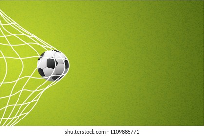 Soccer ball in goal. Goal net.  Soccer border on green football eco grass field. Vector background banner Template wk, ek play model. Sport finale game. Summer, street ball  2022, 2023, 2024