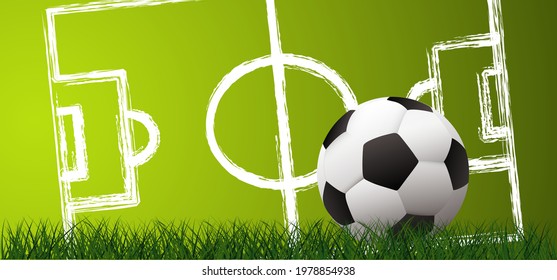 Soccer ball in goal. Goal net. Soccer border on green football grass field. Vector stadium, supporters background. World wk, ek sport finale, sports game. Street ball. Playground 2022, 2023, 2024