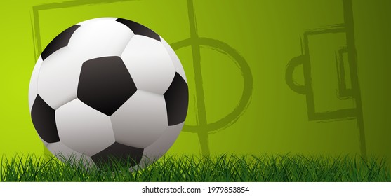 Soccer ball in goal. Goal net. Soccer border on green football grass field. Vector stadium, supporters background. World wk, ek sport finale, sports game. Street ball. Playground 2022, 2023, 2024