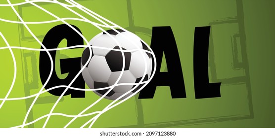 Soccer ball in goal. Goal net. Soccer border on green football grass field. Vector stadium, supporters playground banner. wk, ek sport finale, sports game. Street ball.  2022, 2023, 2024 Qatar
