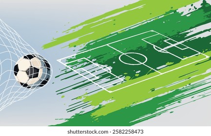 Soccer ball in goal. Goal net. Soccer border on green football grass field. Vector stadium, supporters background. wk, ek sport finale, sports game. Street ball.