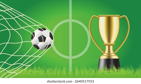 Soccer ball in goal net and golden trophy. Playground. Soccer border on green football grass field. Vector stadium, supporters background. wk, ek sport finale, sports game.  Street ball.