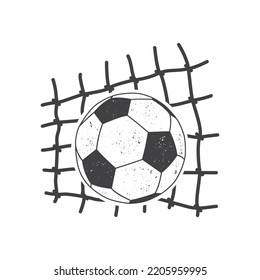 Soccer Ball In The Goal Net Icon Silhouette. Vector Illustration Isolated On White Background. Soccer Ball In The Goal Net Sport Equipment.