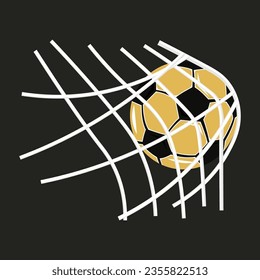 Soccer ball in goal net isolated on dark background. Goal!