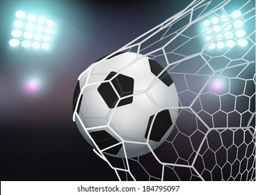 Soccer ball in the goal net on stadium with light, Vector illustration modern design template