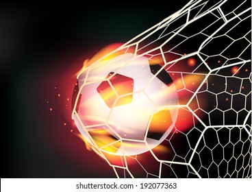 Soccer ball in goal net on fire flames, Vector illustration modern design template