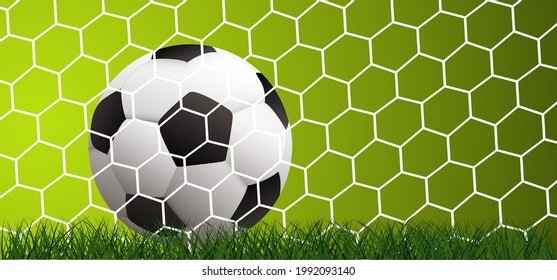 Soccer ball in goal. Goal net on green grass field. Flat vector football banner. Green football grass field. Vector background. wk, ek play model. Sport finale or school, sports. playground. Qatar