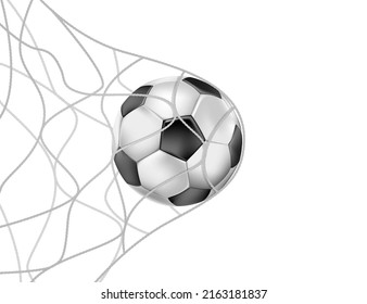 Balón de fútbol en la red de objetivos sobre fondo blanco, ilustración vectorial realista