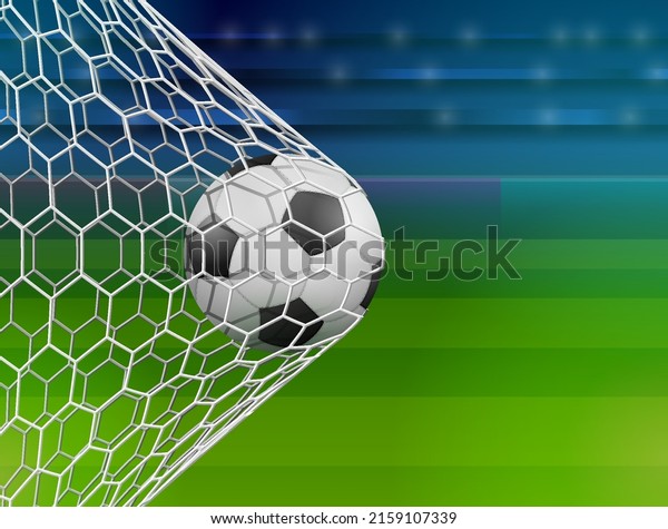 Soccer ball in goal net, side\
view. Goal moment of football match against stadium. Scoring a\
goal
