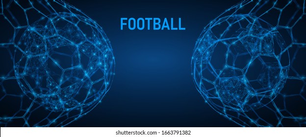 Soccer ball in the goal net. Sports equipment. Low-poly 3D vector illustration.