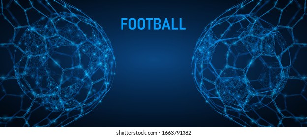 Soccer ball in the goal net. Sports equipment. Low-poly 3D vector illustration.