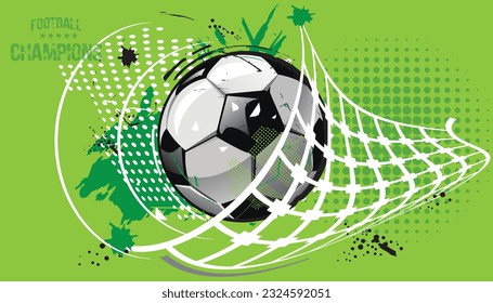 Soccer ball in goal net. Vector illustration of a football, pop art design.