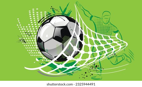 Soccer ball in goal net. Vector illustration of a football, pop art design.