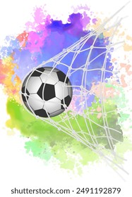 Soccer ball in the goal net. Vector illustration. Sketch for creativity.