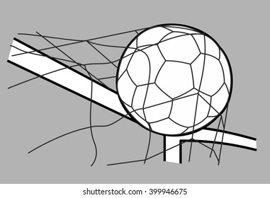 Soccer ball in the goal net. Vector black illustration on white  gray background