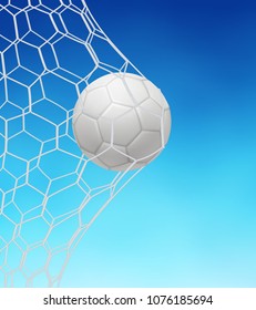 Soccer ball in goal on blue background. EPS 10 contains transparency.
