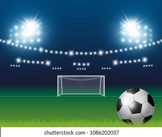 Soccer ball and goal with spotlight background in stadium vector illustration