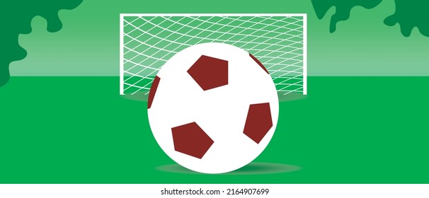Soccer ball in goal. Vector stock illustration. Close-up of sports equipment on green football field