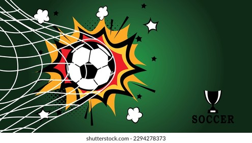 Soccer ball in the goal with a white net on a green background.Vector illustration.