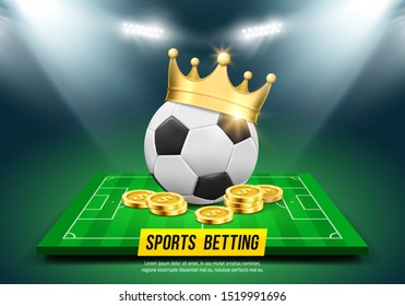 Soccer ball, gold crown and coins on a soccer field. Sports betting. Vector illustration.