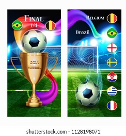 Soccer Ball with gold cup and flag of countries with football field background. Banners vector template.