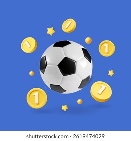Soccer ball with gold flying coins on a blue background. Sports betting. Soccer bets. Money winning, game bet Vector illustration.