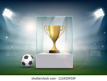 Soccer ball with the golden cup of championship at the stadium. Stock vector illustration.