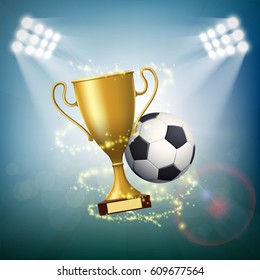 Soccer ball with the golden cup of championship. Stock vector illustration.