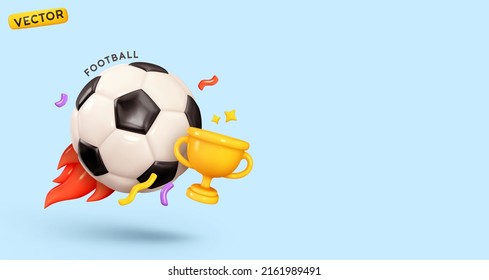 Soccer ball with golden cup. Creative concept background with sports attributes design elements. Realistic 3d object cartoon style. Sports football game. vector illustration - Shutterstock ID 2161989491
