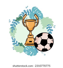 Soccer ball with golden cup. Creative concept background with sports attributes design elements. Realistic   object cartoon style. Sports football game. vector illustration,