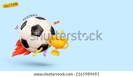 Soccer ball with golden cup. Creative concept background with sports attributes design elements. Realistic 3d object cartoon style. Sports football game. vector illustration