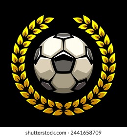 Soccer ball and golden laurel wreath, football logo. Sport games. Sporting equipment. Emblem, badge.