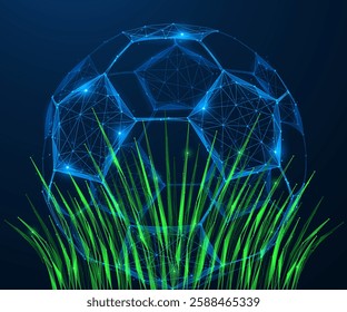 Soccer ball in the green grass. Low-poly design of interconnected lines and dots. Blue background.