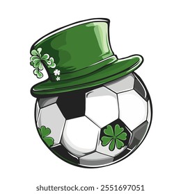 Balón de fútbol con sombrero de duende verde y tréboles. Ilustración de fútbol del día de San Patricio