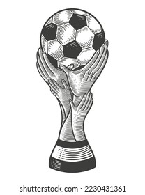 soccer ball in hands. Concept for worldcup Championship. Vintage Engraving drawing style Illustration