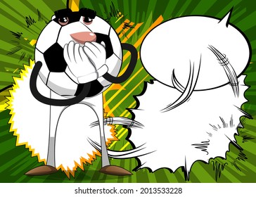 Soccer ball with hands over mouth. Traditional football ball as a cartoon character with face.