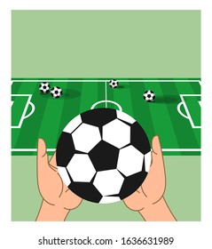 Soccer ball in the hands of the player. In the background is a soccer field. Stylized image of a football match, icon, symbol, emblem, sign. Vector illustration