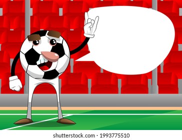 Soccer ball with hands in rocker pose. Traditional football ball as a cartoon character with face.
