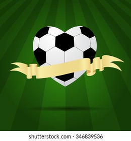 soccer ball heart on green background with ribbon for text. vector illustration