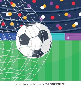 Soccer ball hits the goal net. Vector illustration.