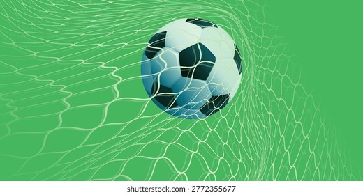 Soccer ball hitting the net and scoring a goal. Background for posters, social media, sports advertisements, football-related content, and tournament campaigns.