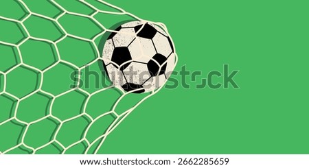 Soccer ball hitting the net and scoring a goal. Background for posters, social media, sports advertisements, football-related content, and tournament campaigns.