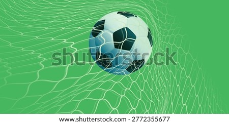 Soccer ball hitting the net and scoring a goal. Background for posters, social media, sports advertisements, football-related content, and tournament campaigns.