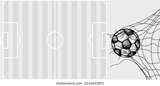 Balón de fútbol golpeando la red, Anuncio de Vector para el diseño de fútbol. Ilustración vectorial