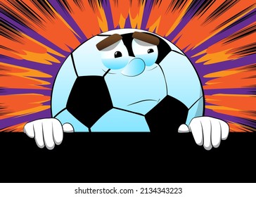 Soccer ball holding black empty sign. Traditional football ball as a cartoon character with face.