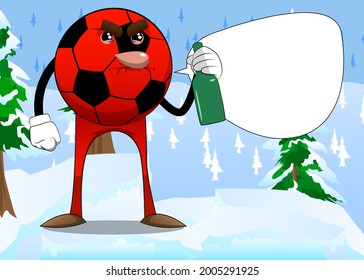 Soccer ball holding a bottle. Traditional football ball as a cartoon character with face.