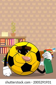 Soccer ball holding a bottle. Traditional football ball as a cartoon character with face.